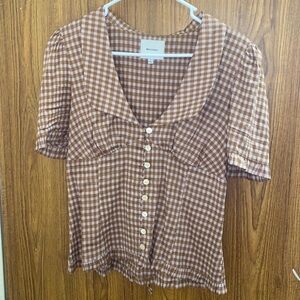 Reformation Brown and White Puff Sleeve Blouse (sold out online)